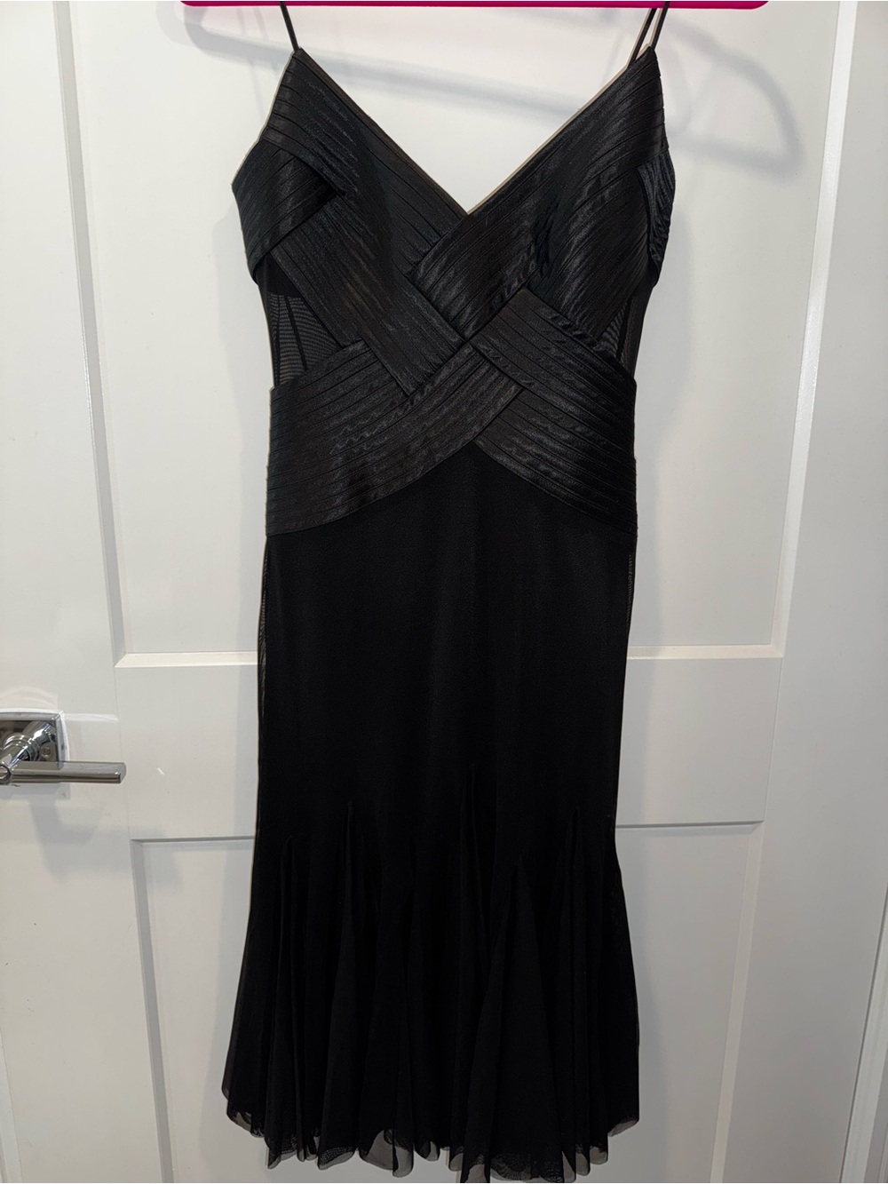 Cache Black Mesh Midi Dress with Textured Woven Bodice